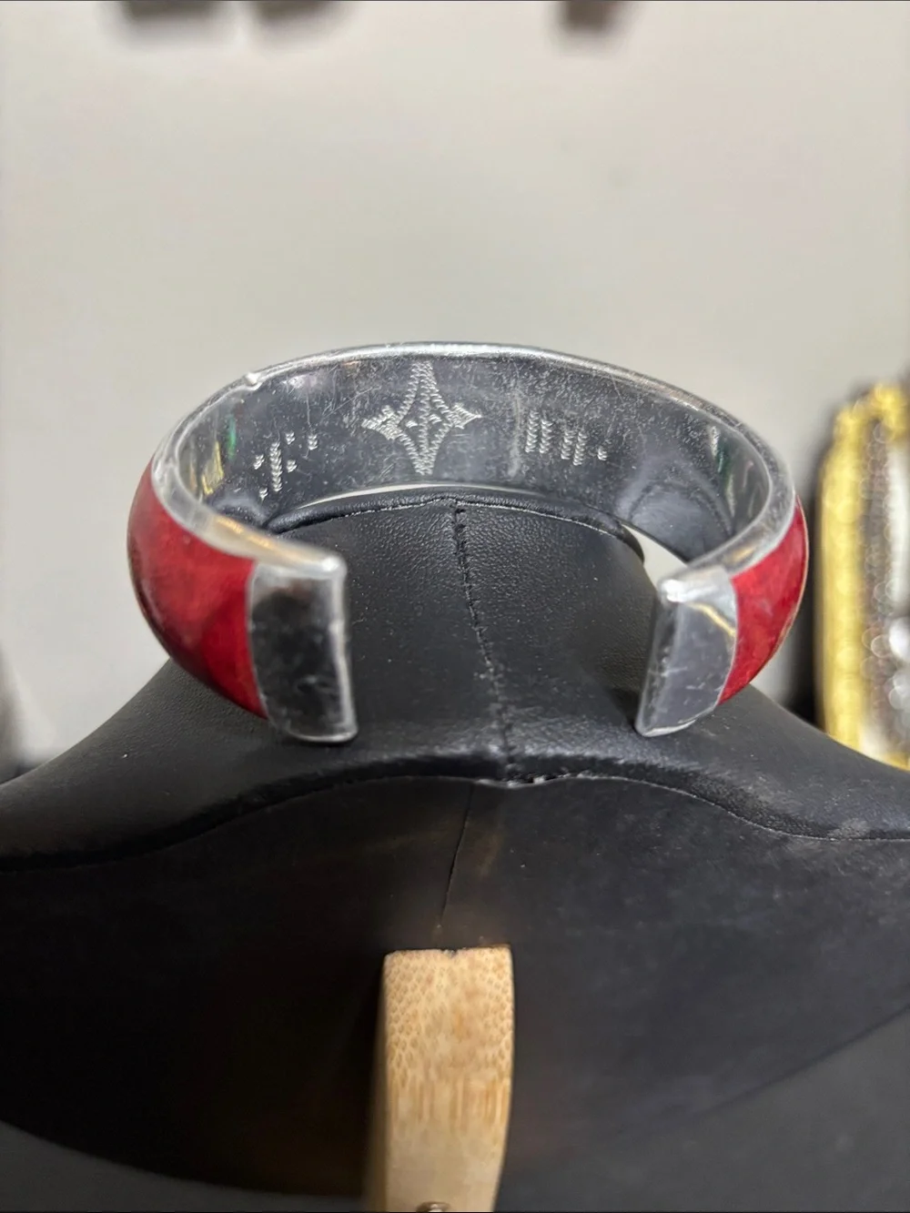 Handcrafted Red Leather Silver Tone Bangle Cuff Bracelet - Women Jewelry